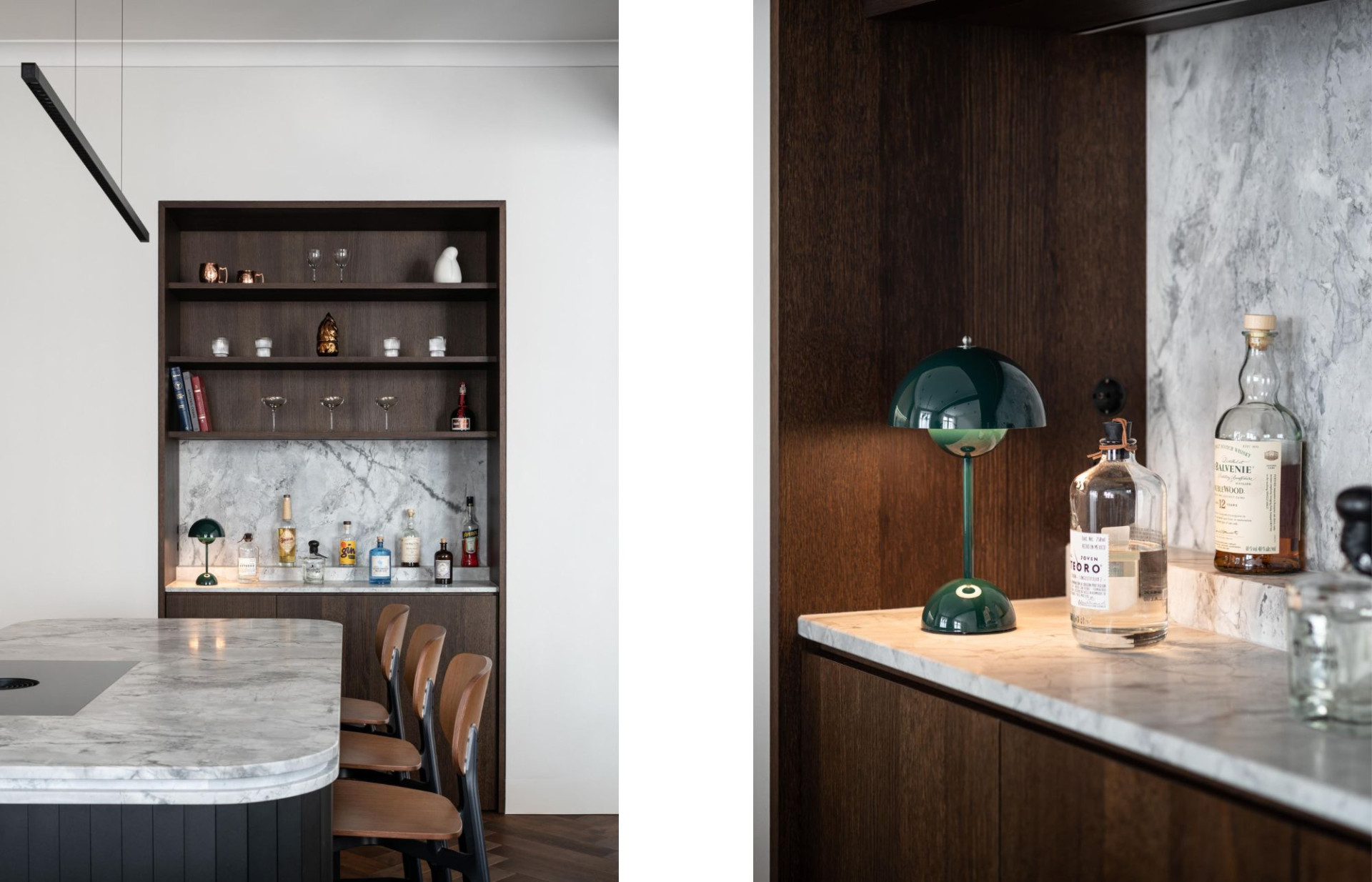 Three rounded slabs of quartz form the countertop of the kitchen island.